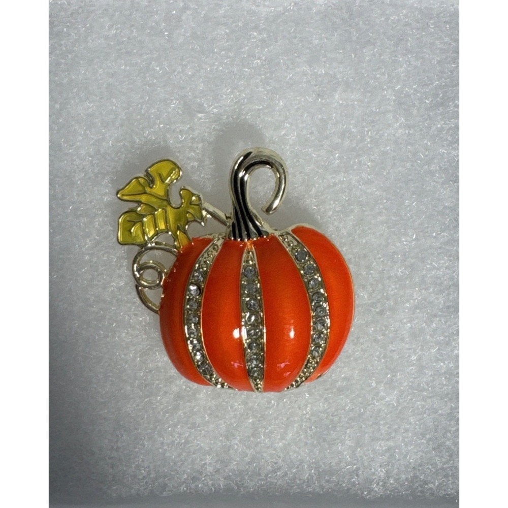Yiwushi Orange Enamel Pumpkin Brooch Rhinestone Fall Thanksgiving Gold Tone Pin